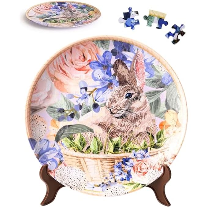 3D PUZZLE PLATE 124 PIECES - EASTER BUNNY FLOWERS DECORATIVE PLATE, HOME DCOR WITH PLASTIC PUZZLE PIECES [PL1009] - Image 1